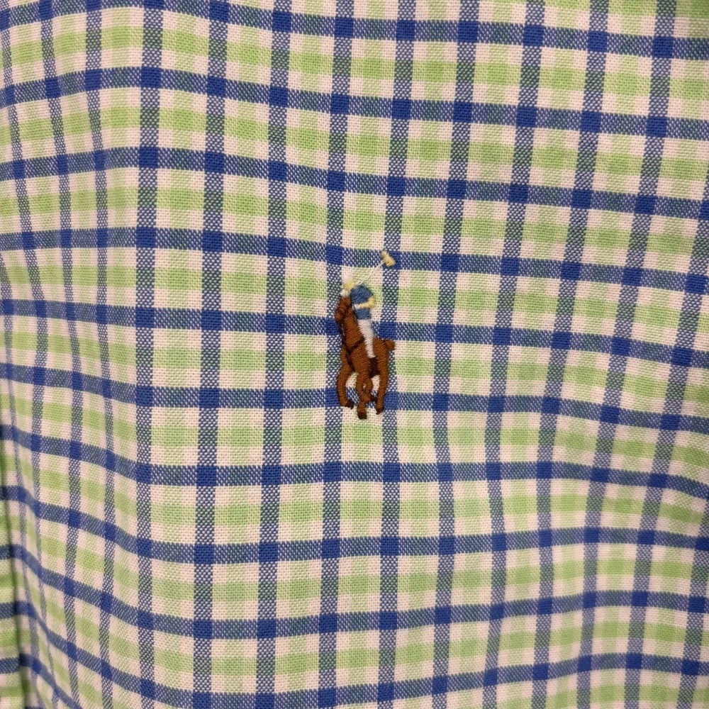 Ralph Lauren Button Down Mens L Green Blue Excellent Slim Fit Gingham Check Pony